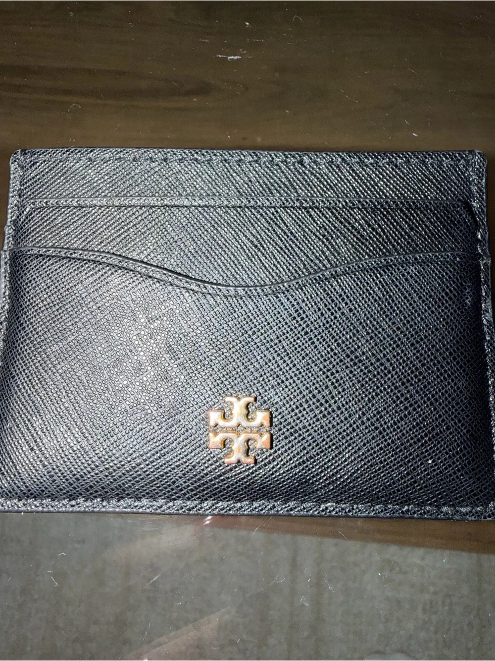 Tory Burch Black Leather Card Holder with Gold Logo Accent